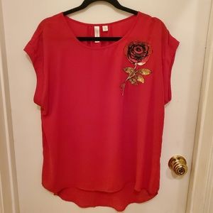 Red chiffon top with sequin rose